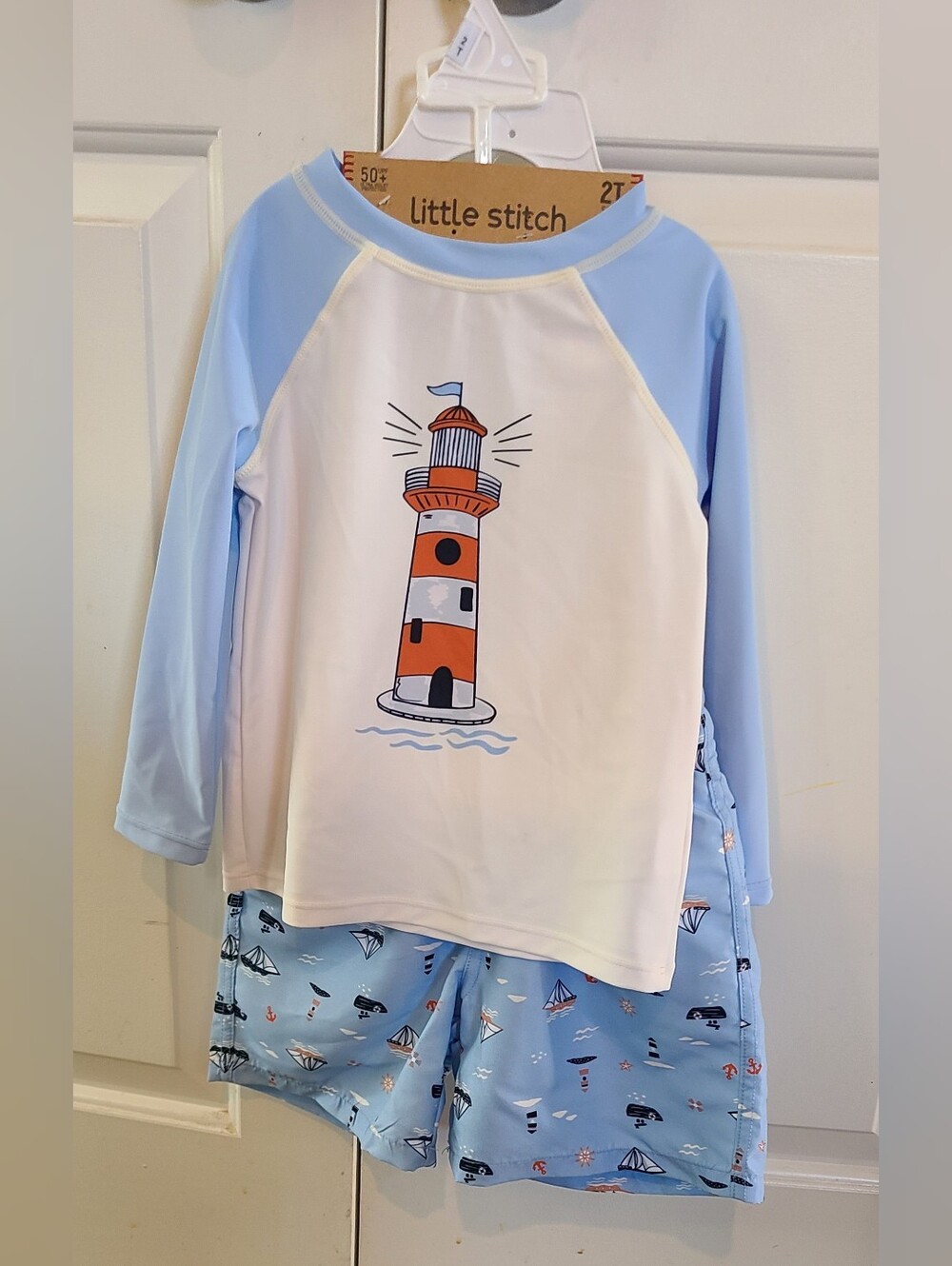 Kids' Blue & White Lighthouse Swim Set With Hat And Rash Guard